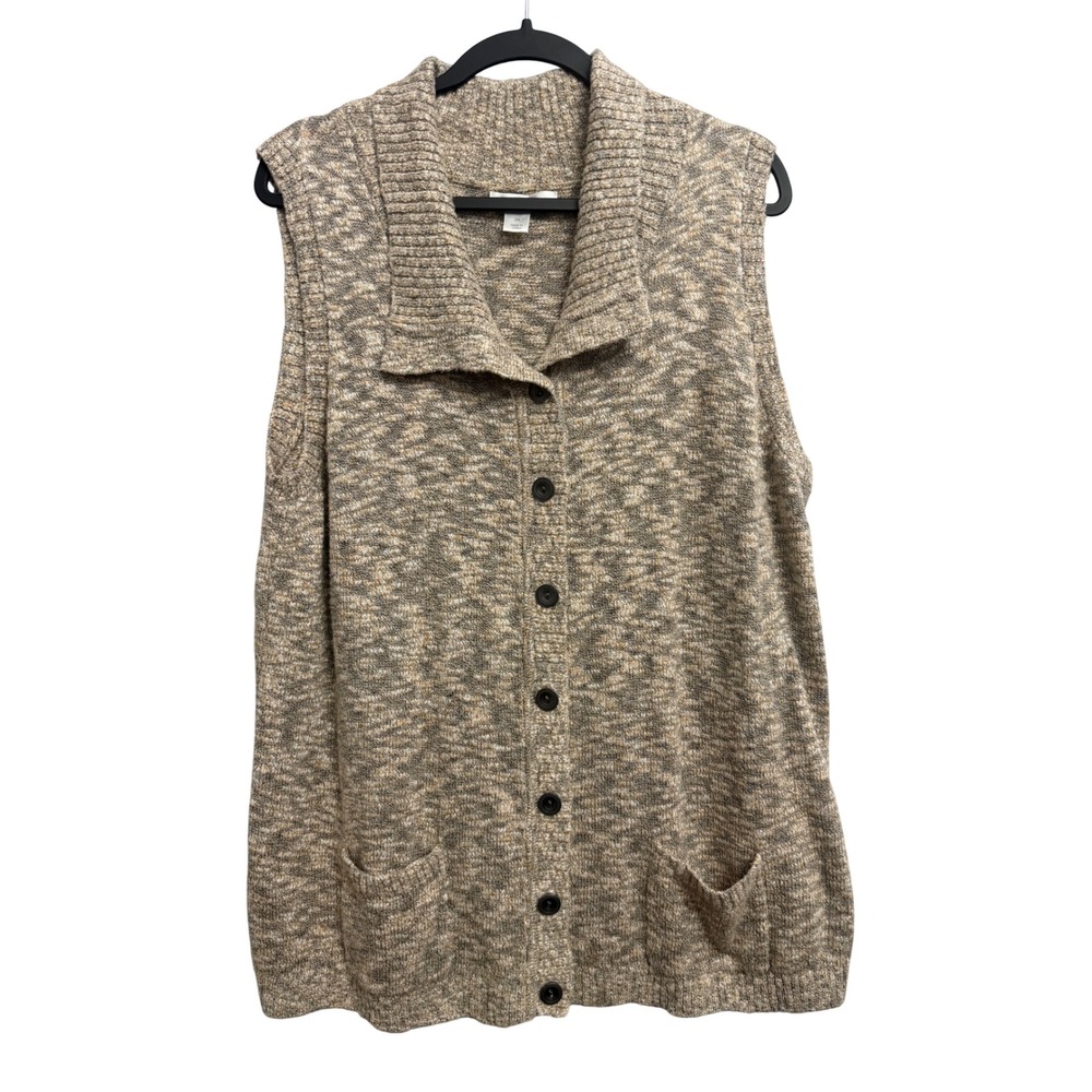 CJ Banks Womens 2X Marled Knit Button Front Vest Sweater Tan White Sleeveless